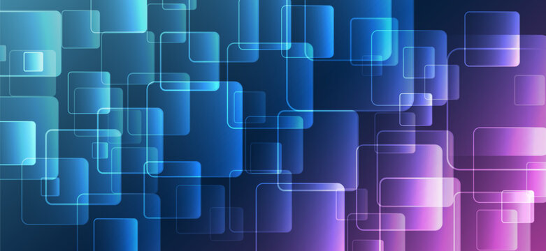 Abstract geometric background with glowing rounded squares and smooth blue-purple gradients, representing digital interfaces, modern design, and layered data visualization.