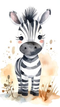 Minimalist watercolor illustration of Cute cartoon zebra