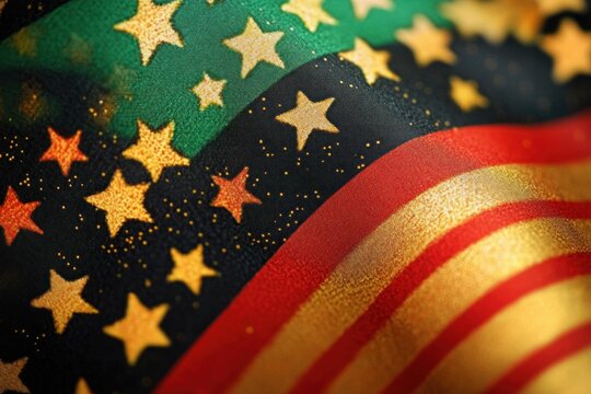 shimmering textured fabric with glittering gold stars and red and gold stripes against green and black fields, vibrant celebratory mood