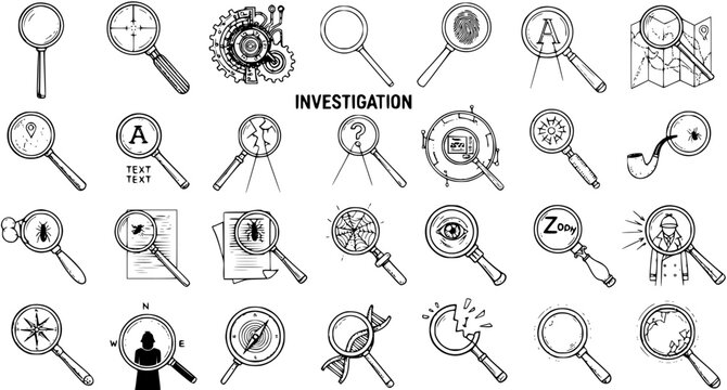 Hand Drawn Investigation Magnifying Glass Line Art Icon Set. Detective, Research, Science, Search, and Forensics Outline Vector Collection.