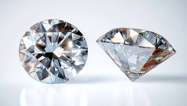 Two sparkling cut diamonds on a reflective white surface, one round brilliant viewed from the top and one tilted side profile, dazzling elegant luxury and pristine clarity