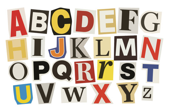 Alphabet set made of assorted magazine newspaper cutout letters vector illustration