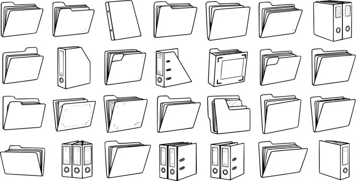 Office and Business Document Management Icons Set: Hand-drawn Black and White Line Art Collection of Various Folders, Files, Binders, and Organizers Vector Illustrations