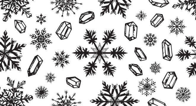 Snowflakes and crystals on white background illustration