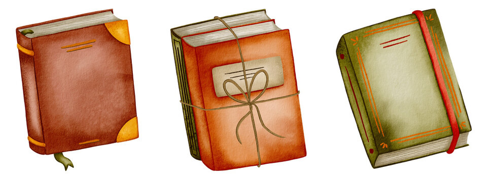 Book set of vintage watercolor journals and tied textbooks for hobby designs. Childish stylish hand-drawn old literature elements in naive doodle style on white background for stationery.