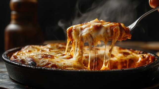 National Enchilada Day: shot of cheese enchilada being lifted with a fork, long stretchy melted Oaxaca and mozzarella cheese pull, rich red guajillo sauce dripping, steam rising