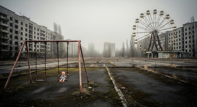 Abandoned amusement park with a Ferris wheel and swing set in Pripyat Ukraine.