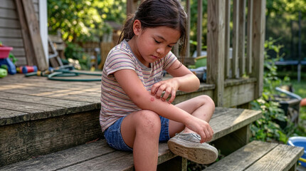 Naklejka premium Young girl scratching itchy bug bite while sitting on wooden steps 