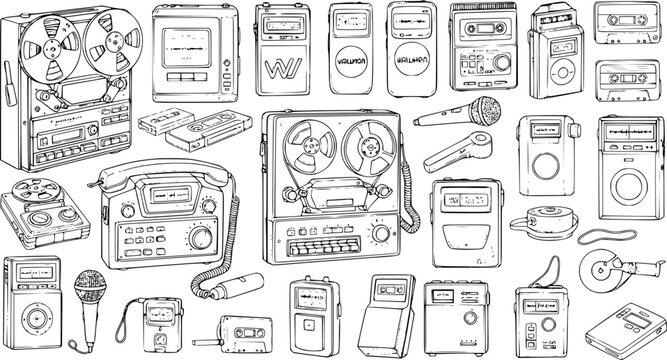 Retro Audio Technology Collection Black and White Line Art. Hand-drawn Vector Illustration of Vintage Recording and Playback Devices like Reel-to-Reel, Cassette Players, Walkmans, and Microphones.