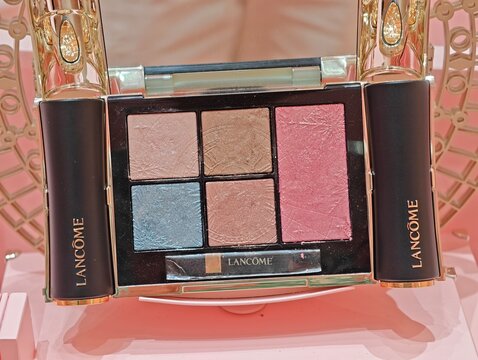 Shanghai,China-Oct.18th 2025: Close-up of a Lanc&ocirc;me five-color eyeshadow and blush palette with brand logo