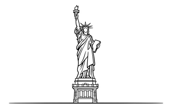 A black and white line drawing of the Statue of Liberty standing tall.