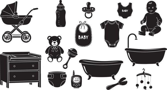 Baby Nursery Essentials and Cute Black Icons Set