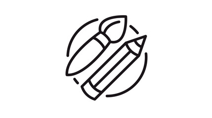 Minimalist black vector icon illustration of a paintbrush and pencil set within a circular border, symbolizing creativity, artistic design, drawing, painting, and graphic arts tools. © Pollobe