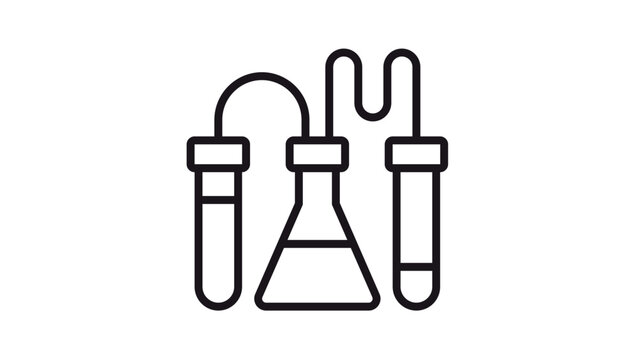 Minimalist black line vector icon of laboratory equipment featuring an Erlenmeyer flask and two test tubes connected by tubing, ideal for science, chemistry, and research-related designs.