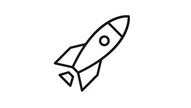Minimalist black line art vector icon of a rocket ship launching, sleek spaceship illustration symbol for startup business growth, space exploration, technology, and science projects isolated.