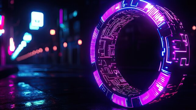 Luminous futuristic ring object rests on wet pavement against a dark city backdrop