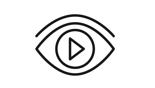 Black vector icon illustration of a human eye with a play button symbol inside the pupil, representing video viewing, media consumption, visual content streaming, and digital entertainment.