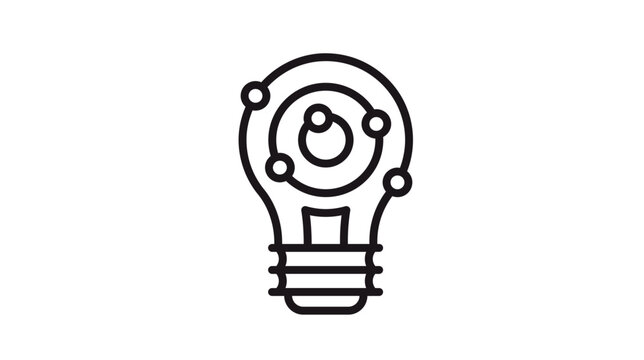 Minimalist black vector icon illustration of a light bulb with an atom orbital structure inside, symbolizing scientific innovation, physics research, creative energy, and technological ideas.