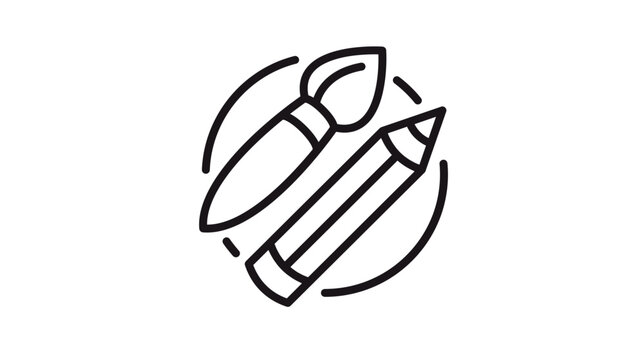 Minimalist black vector icon illustration of a paintbrush and pencil set within a circular border, symbolizing creativity, artistic design, drawing, painting, and graphic arts tools.