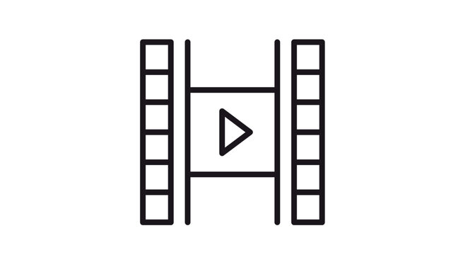 Minimalist black line vector icon of a film strip with a play button symbol in the center, representing movie production, video playback, cinema media, and digital entertainment industry.