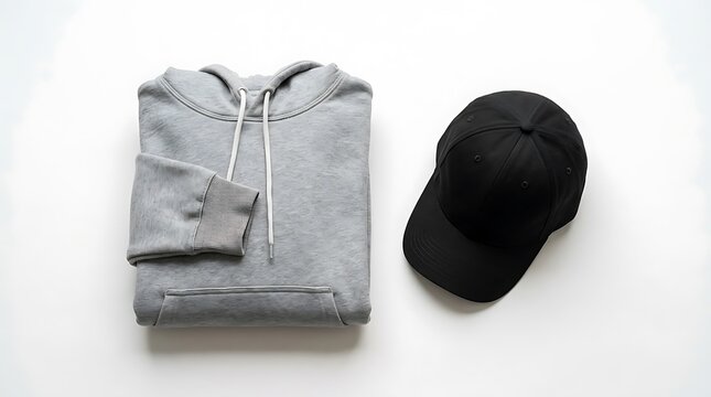 Folded grey hoodie and black cap.