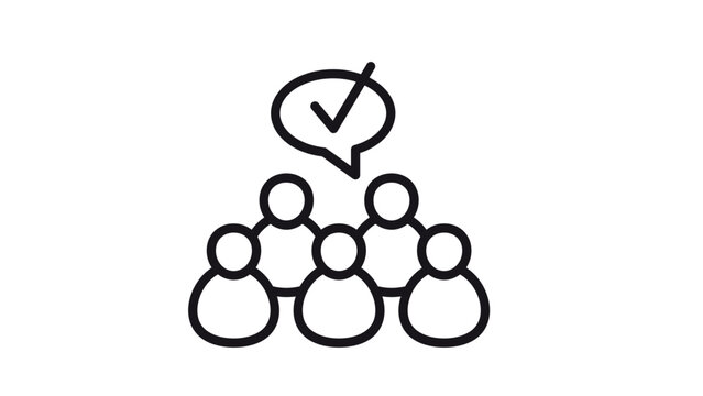 Black line art vector icon illustration of a group of five people with a speech bubble containing a checkmark, symbolizing team consensus, collective agreement, group approval, and voting.