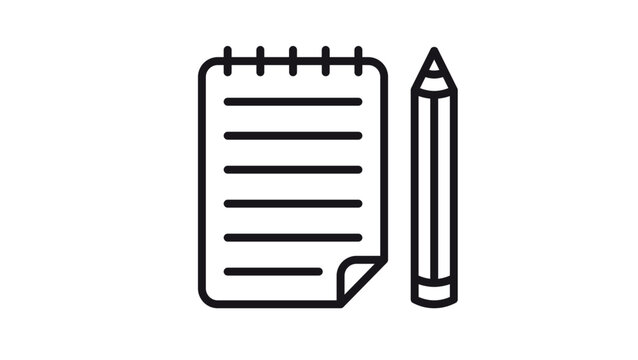 Minimalist black vector icon illustration of a spiral notebook with lined paper and a pencil, symbolizing writing, note-taking, education, office supplies, journaling, and creative sketching