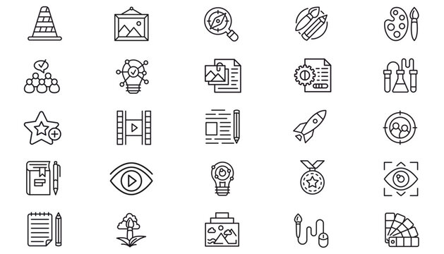Vector Icon Set of 25 Black Minimalist Symbols for Business, Art, Science, Technology, and Education. Includes Rocket, Light Bulb, Paintbrush, Document, Security, and Marketing Graphics.