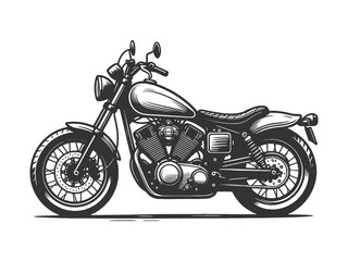 Naklejka premium classic custom motorcycle in side profile, featuring a retro chopper style, exposed engine, and minimalist design sketch engraving generative ai raster illustration. Scratch board. Black and white.
