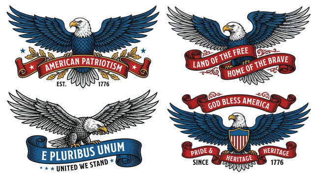 American patriotism emblems featuring bald eagles and patriotic phrases