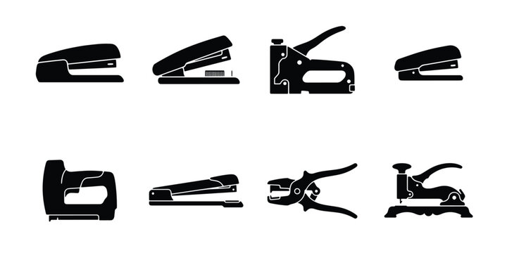 Stapler icon set with 8 black silhouettes, office stationery and industrial staple gun collection, professional binding tools vector