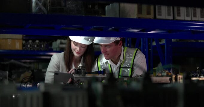 Robotic engineer check components on shelf, evaluate quality, functionality, suitability, compatibility for integration into larger robotic systems. Ensuring every component meets standards required
