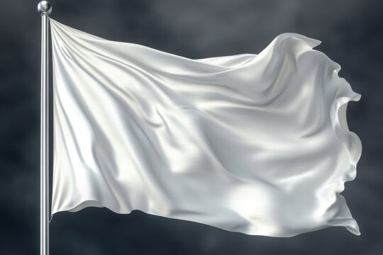 white flag rippling on a metal pole against a dark cloudy sky, flowing fabric and sheen conveying surrender and calm
