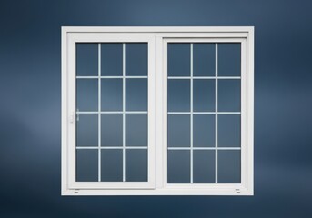 Obraz premium A white double glazed window with a grid pattern on a blue wall