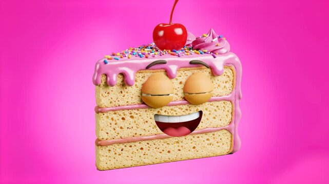 A charming 3D animation of a cake slice character with a happy face, sprinkles, and a cherry on top. Set against a pink background, this character is optimized with lip sync capabilities for fun, cele