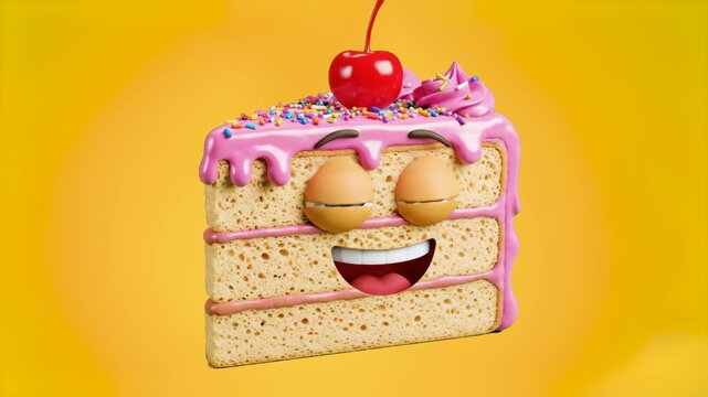 A delightful 3D character animation of a slice of vanilla layer cake with a laughing face, pink frosting, sprinkles, and a cherry on top. This joyful mascot is perfect for birthday celebrations, baker