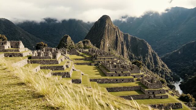 Machu Picchu Ancient Inca City In Peru With Green Terraces And Mountain Clouds Nature