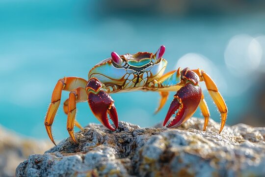 vibrant colorful crab perched on a rocky shore with turquoise sea background, poised and alert