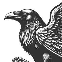 Obraz premium raven in close-up profile, featuring detailed feathers and beak, ideal for gothic, wildlife, and tattoo themes sketch engraving generative ai raster illustration. Scratch board. Black and white image.