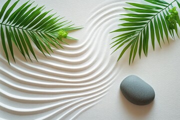 Obraz premium top-down minimalist zen garden with raked white sand waves, smooth gray pebble, green palm leaves and small succulents evoking calm serenity