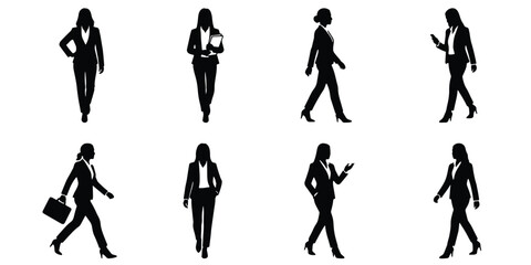 Fototapeta premium Professional business woman silhouettes set, 8 female office worker vector icons, corporate lady walking and standing poses, black isolated figures
