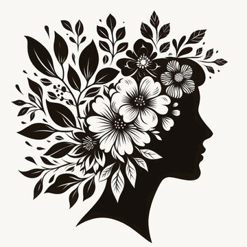 Feminine Silhouette Profile with Flowers and Leaves. Botanical Growth and Mental Wellness Concept Illustration.