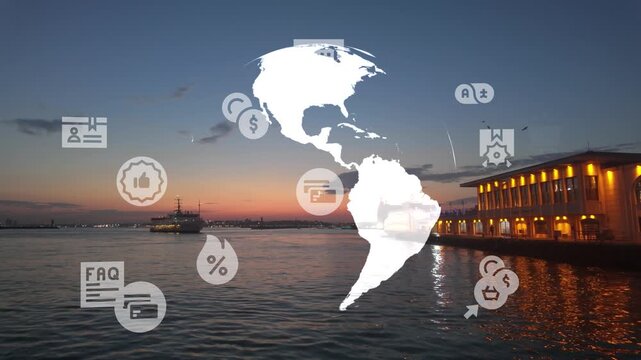 Sunset Harbor With Globe Overlay Showing White World Map And Floating Commerce Icons, Calm Water Reflections,