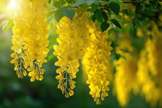 sunlit hanging clusters of bright yellow flowers with green leaves evoking warmth and serenity