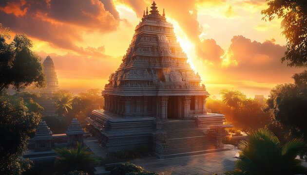 Ancient stone tiered temple bathed in golden sunrise rays, surrounded by tropical palms and misty trees, evoking a serene and mystical atmosphere