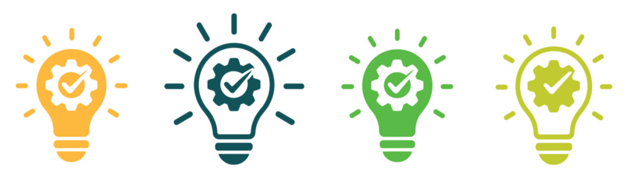 Innovation icon set featuring light bulb with cog symbol, showcasing creative thinking concepts, engineering ideas, and modern problem solving graphics ideal for business, technology