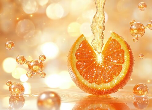 Juicy orange wedge hit by a sparkling golden stream, surrounded by glowing bubble clusters, shimmering reflections, ripples and a vibrant refreshing light
