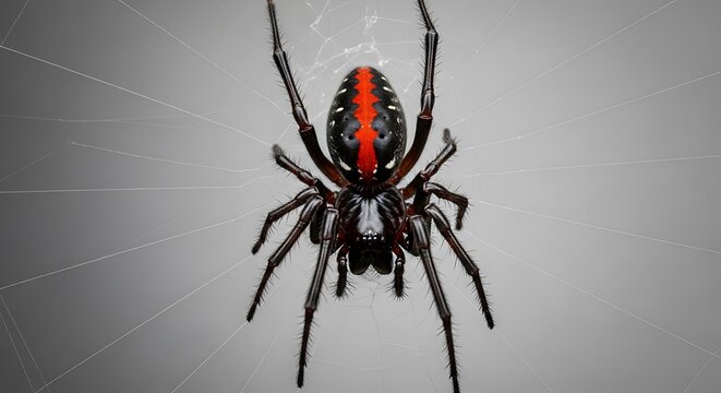 Black widow spider hanging upside down.
