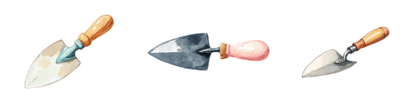 Watercolor set of assorted garden and masonry hand trowels