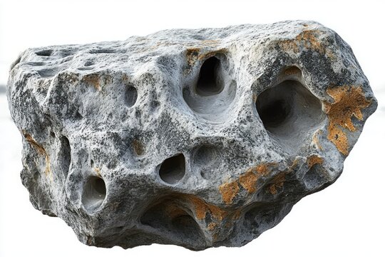 Weathered porous limestone boulder with honeycomb cavities and orange lichen, rugged textured surface evoking ancient mystery and quiet solitude